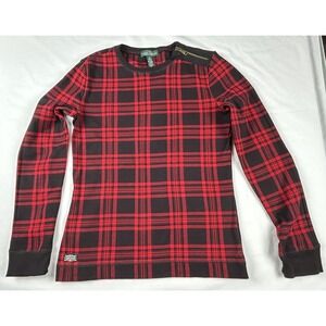 Lauren Ralph Lauren Plaid Top Red Black Elbow Patch Zip Shoulder Size M